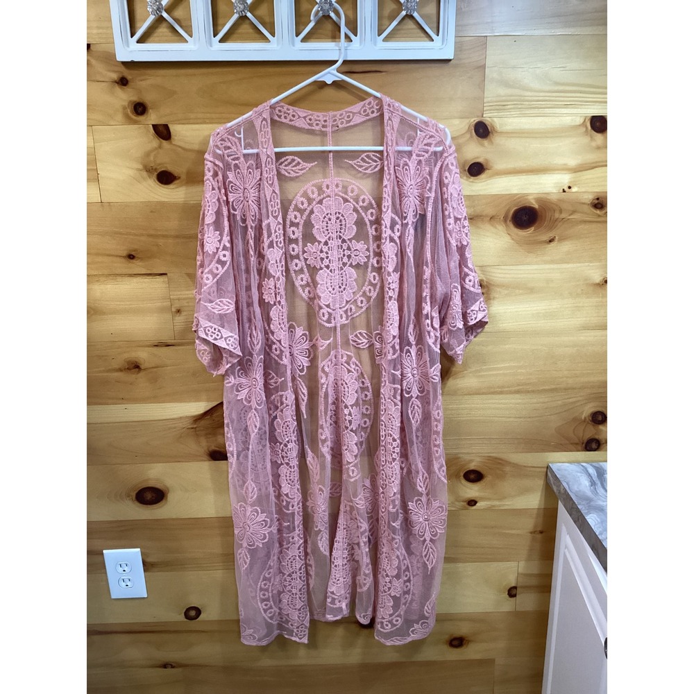Pink Floral Lace Sheer Kimono Cardigan Boho Embroidered Longline Wrap One Size